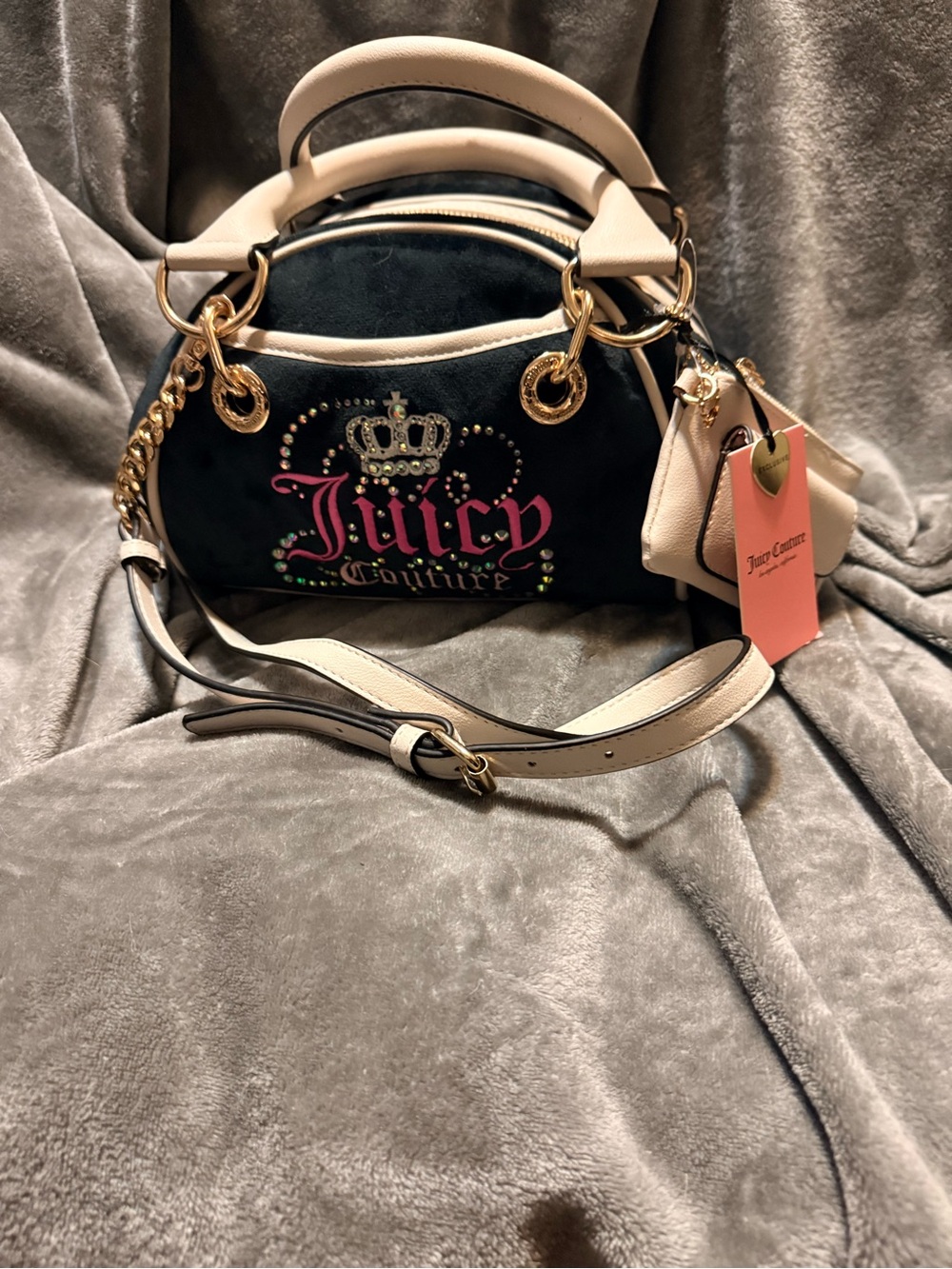 Juicy Couture Black Velvet Dome Satchel with Cream Trim & Pink Logo